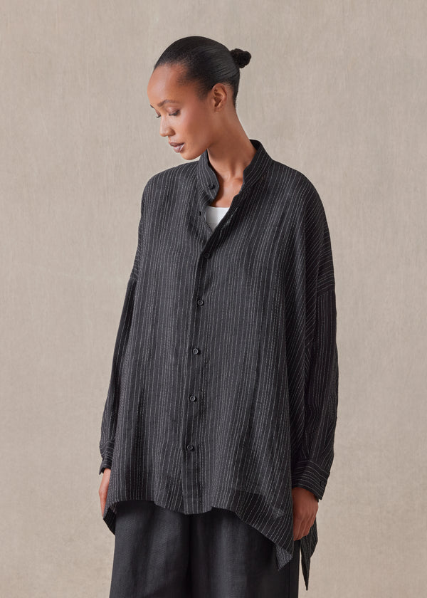 Eskandar Linen Mix Wide Longer Back Collarless Shirt - Long