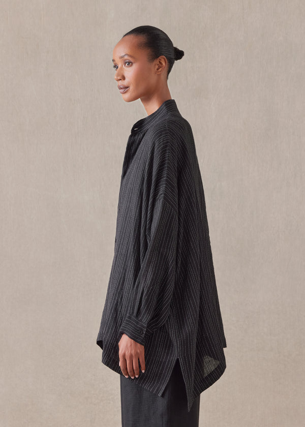 Eskandar Linen Mix Wide Longer Back Collarless Shirt - Long