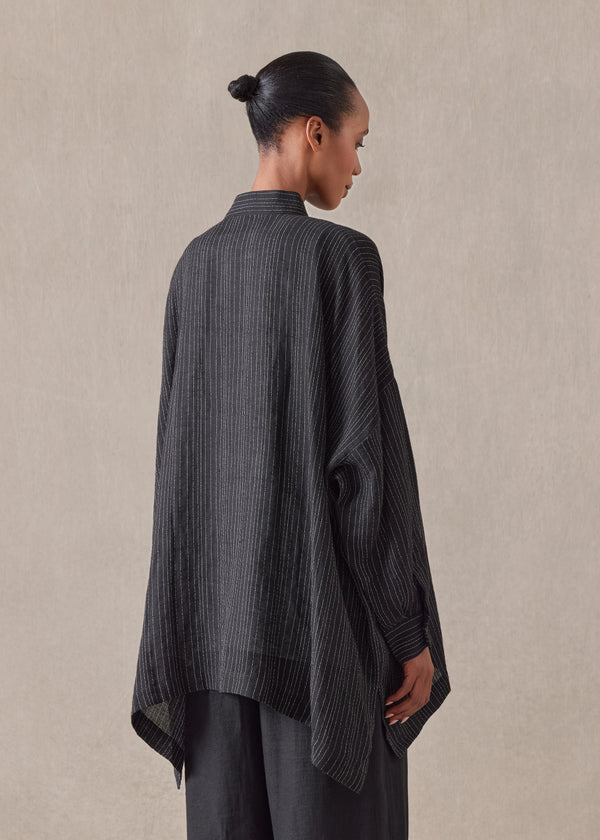 Eskandar Linen Mix Wide Longer Back Collarless Shirt - Long