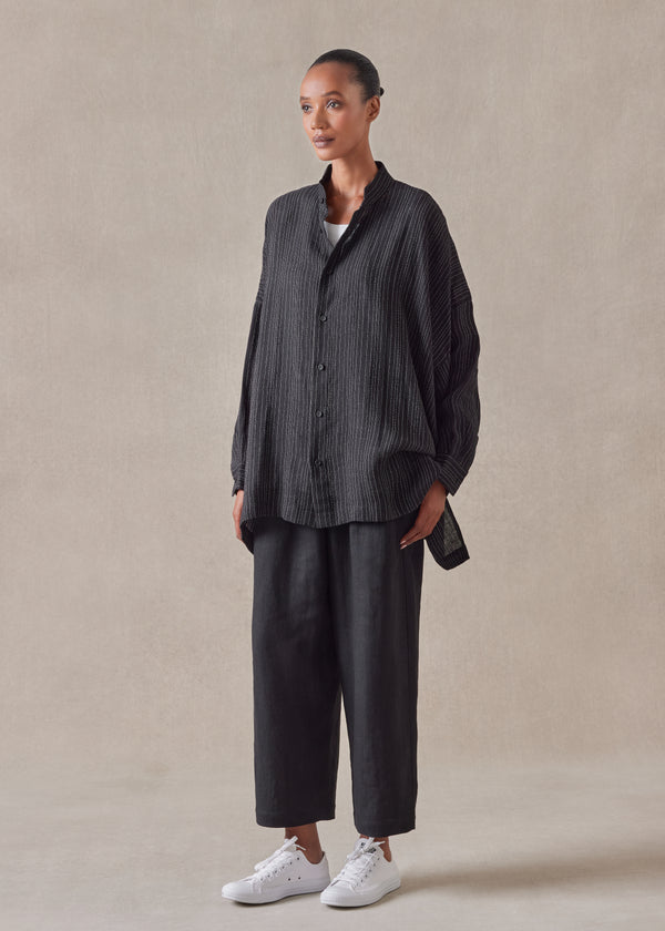 eskandar linen mix wide longer back collarless shirt - long