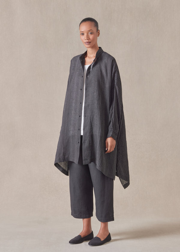 Eskandar Linen Mix Wide Longer Back Collarless Shirt - Very Long With Slits