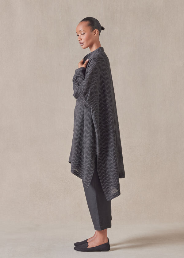 Eskandar Linen Mix Wide Longer Back Collarless Shirt - Very Long With Slits