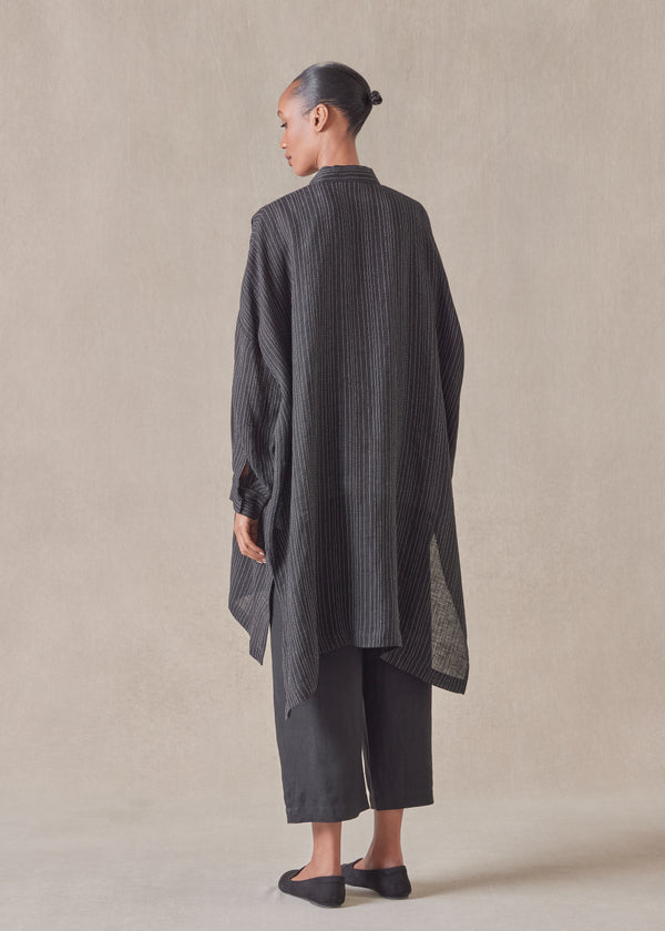 Eskandar Linen Mix Wide Longer Back Collarless Shirt - Very Long With Slits