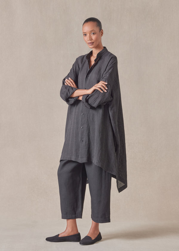 eskandar linen mix wide longer back collarless shirt - very long with slits