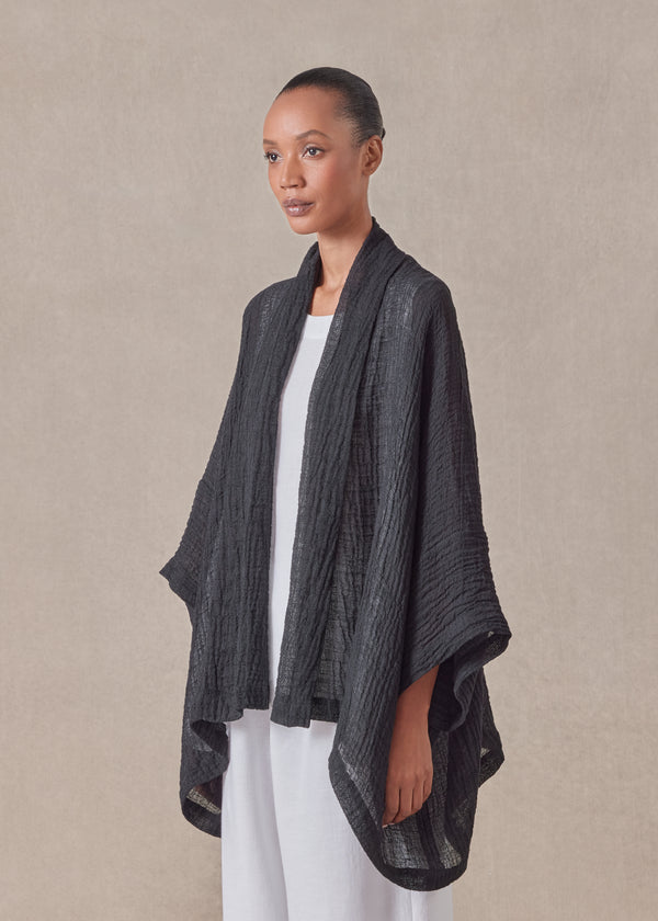 Eskandar Linen Mix Wide Short Sleeve Scrunch Shawl Collar Jacket - Mid Plus