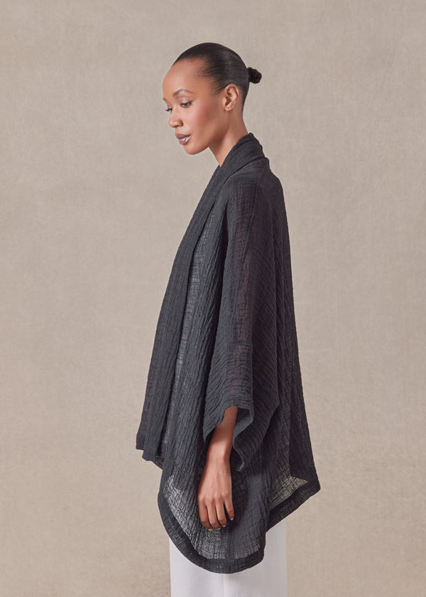 Eskandar Linen Mix Wide Short Sleeve Scrunch Shawl Collar Jacket - Mid Plus