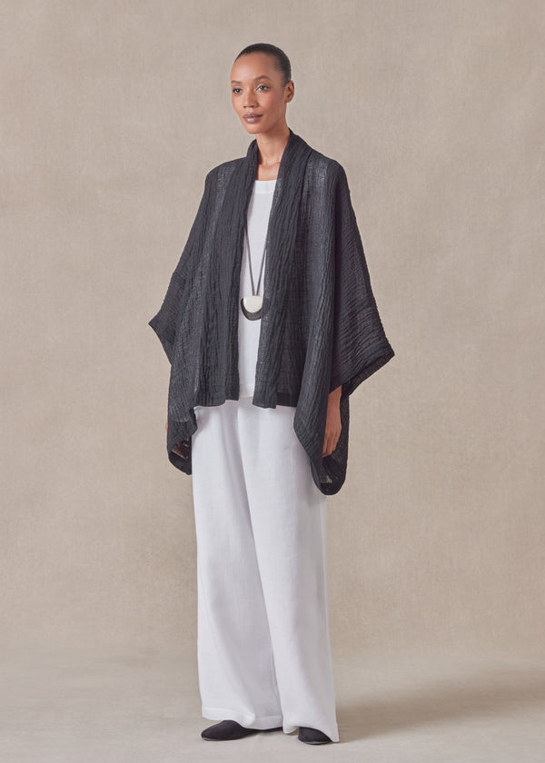 eskandar linen mix wide short sleeve scrunch shawl collar jacket - mid plus