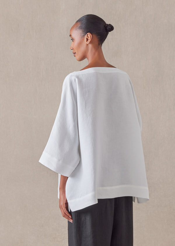 Eskandar Linen Scoop Neck 3/4 Sleeve Top With Hembands - Mid Plus