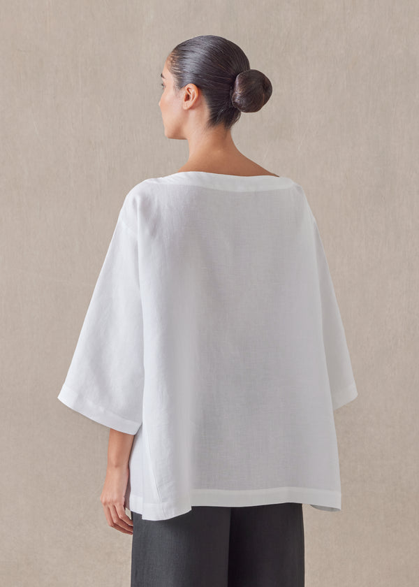 Eskandar Linen Side Panelled 3/4 Sleeve Scoop Neck Tunic - Mid Plus