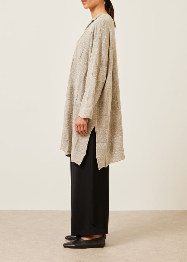 Eskandar Linen Silk Mix Long Sleeve Slit Neck Sweater - Very Long With Slits