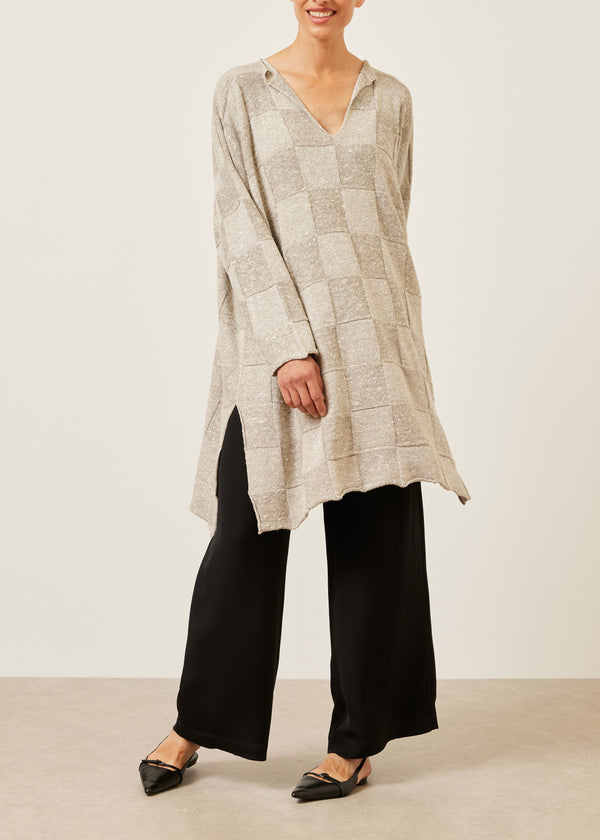 Eskandar Linen Silk Mix Long Sleeve Slit Neck Sweater - Very Long With Slits