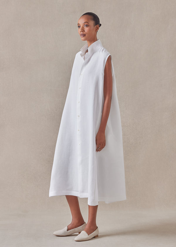 Eskandar Linen Sleeveless Caucasus Shirt Dress With Notch Collar