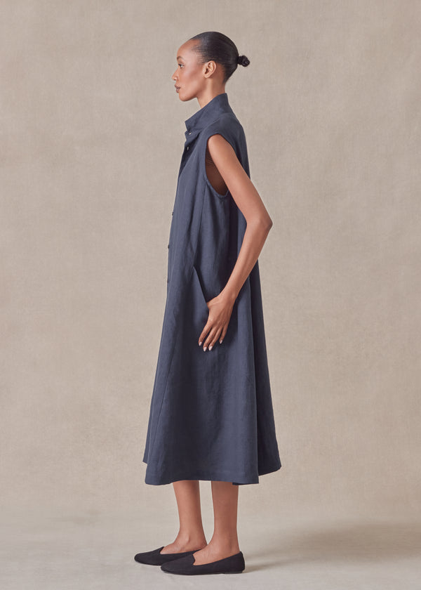 Eskandar Linen Sleeveless Caucasus Shirt Dress With Notch Collar