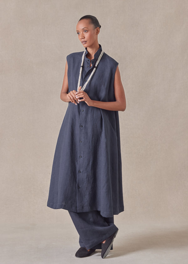eskandar linen sleeveless caucasus shirt dress with notch collar