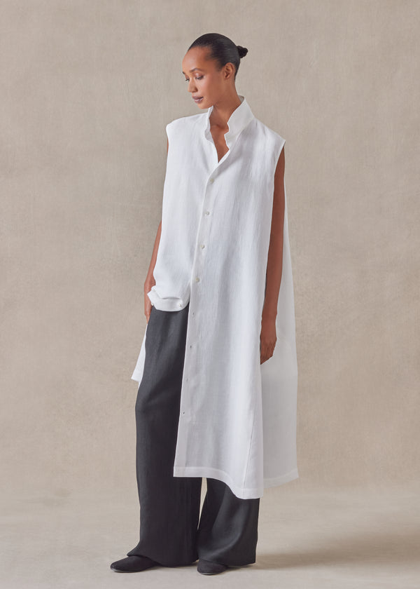 eskandar linen sleeveless caucasus shirt dress with notch collar