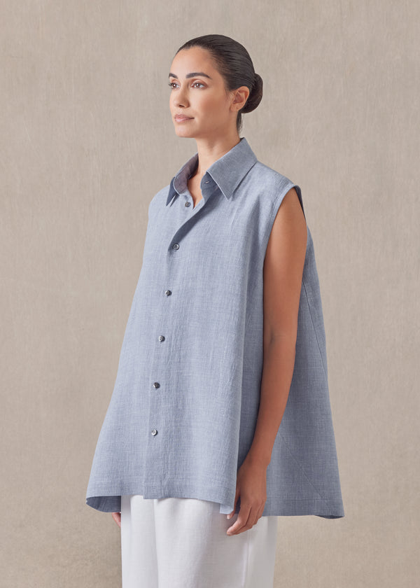 Eskandar Linen Sleeveless Caucasus Shirt With Collar - Long