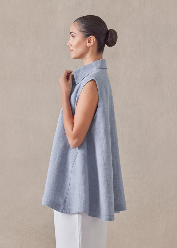 Eskandar Linen Sleeveless Caucasus Shirt With Collar - Long