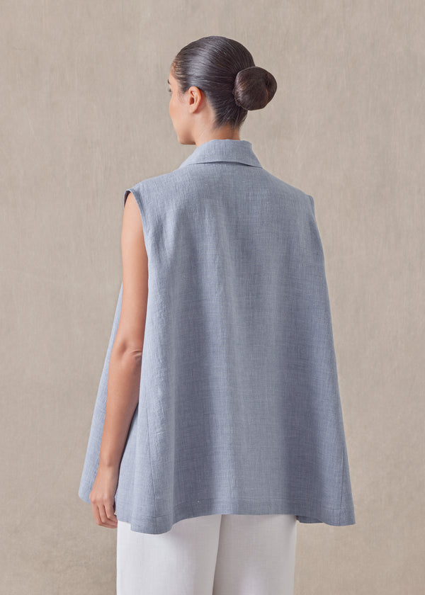Eskandar Linen Sleeveless Caucasus Shirt With Collar - Long