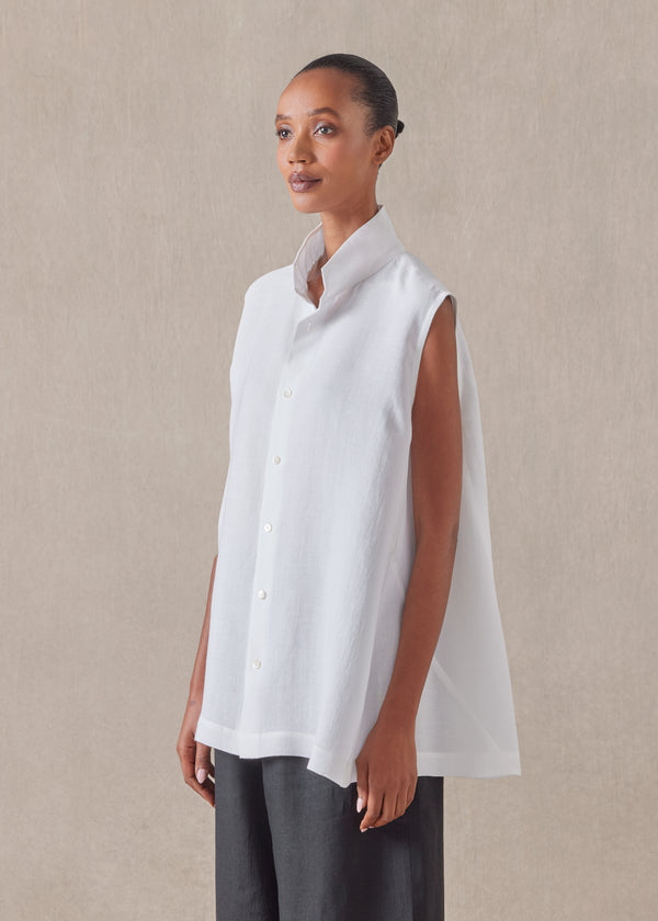 eskandar linen sleeveless caucasus shirt with notch collar - long