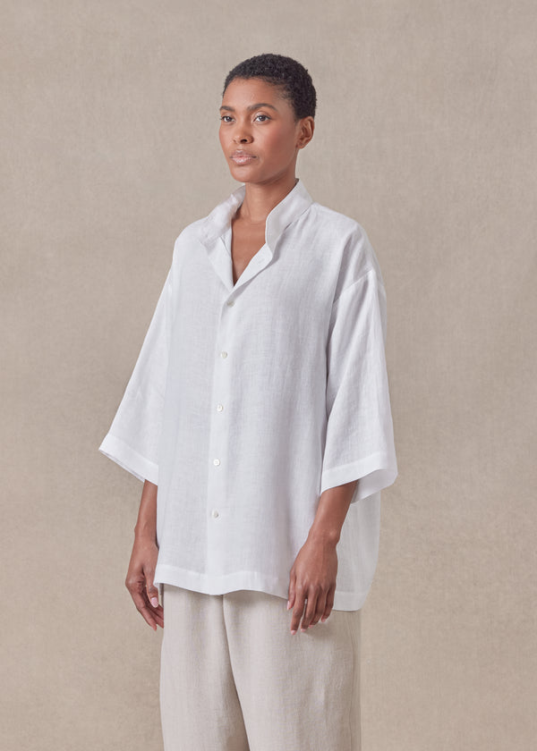 Eskandar Linen Slim Collarless Short Sleeve Shirt - Regular