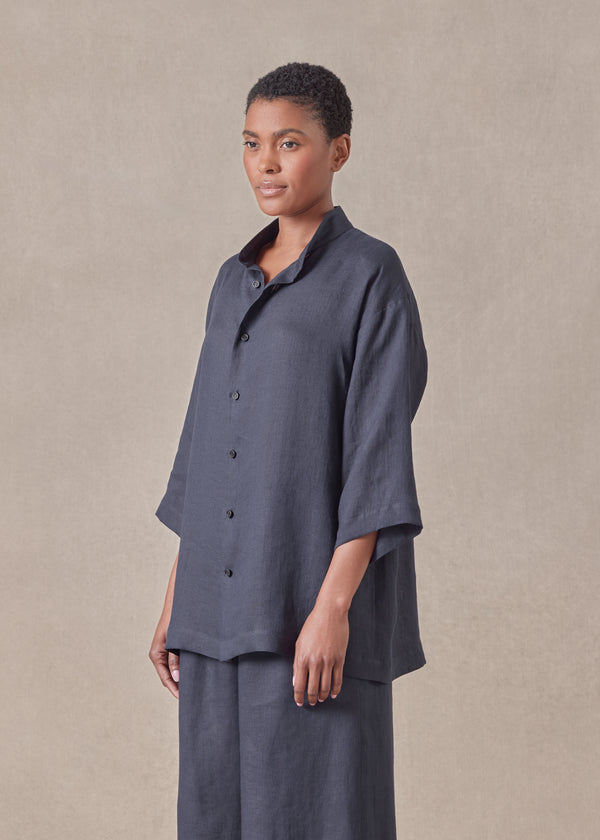 Eskandar Linen Slim Collarless Short Sleeve Shirt - Regular