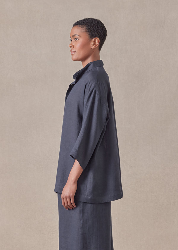 Eskandar Linen Slim Collarless Short Sleeve Shirt - Regular