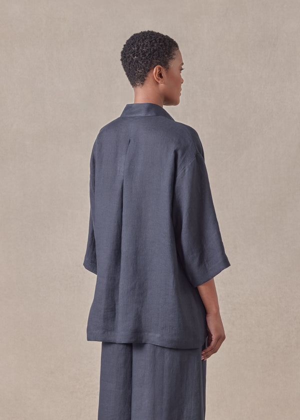 Eskandar Linen Slim Collarless Short Sleeve Shirt - Regular