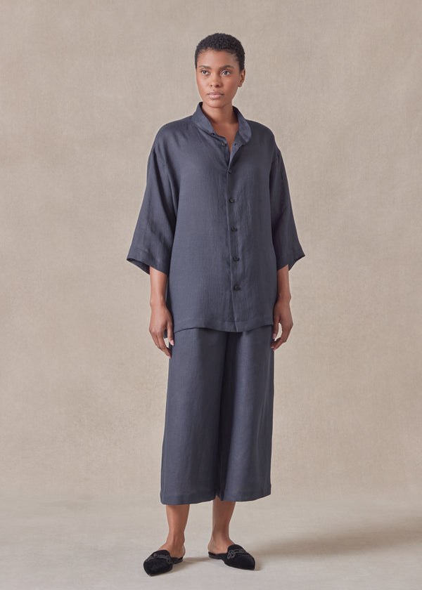 eskandar linen slim collarless short sleeve shirt - regular