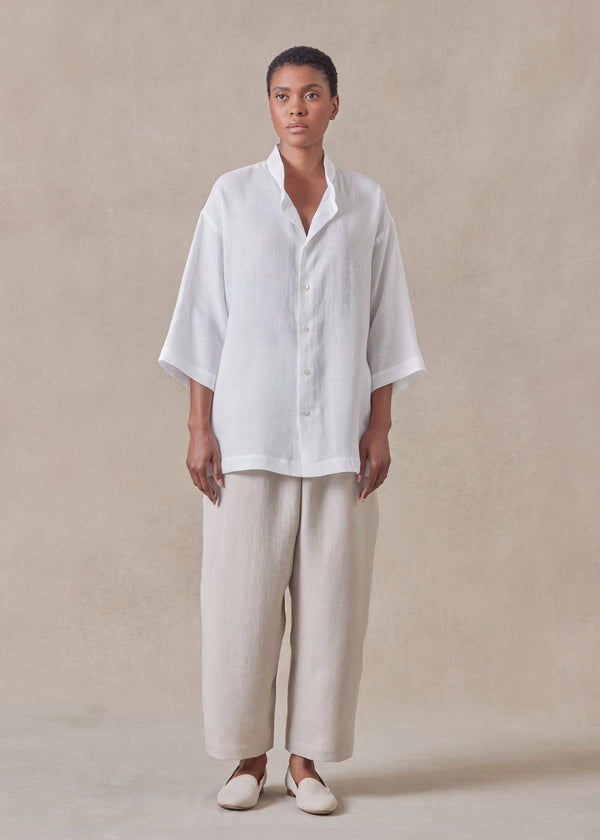 eskandar linen slim collarless short sleeve shirt - regular