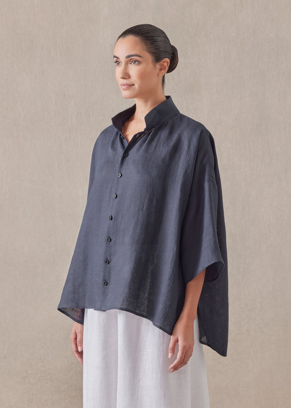 Eskandar Linen Sloped Shoulder Wide A-line Pleated Collar Short Sleeve Shirt - Mid