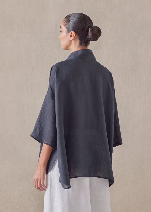 Eskandar Linen Sloped Shoulder Wide A-line Pleated Collar Short Sleeve Shirt - Mid