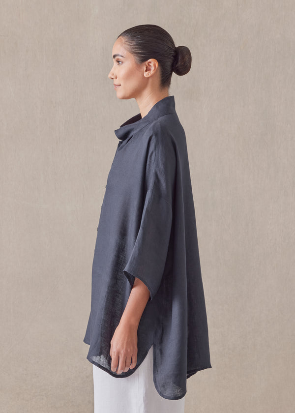 Eskandar Linen Sloped Shoulder Wide A-line Pleated Collar Short Sleeve Shirt - Long