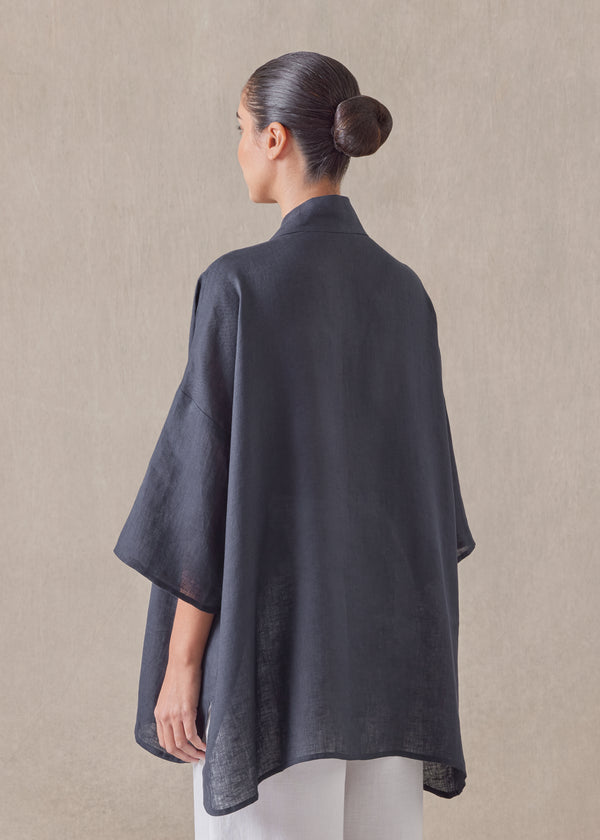 Eskandar Linen Sloped Shoulder Wide A-line Pleated Collar Short Sleeve Shirt - Long