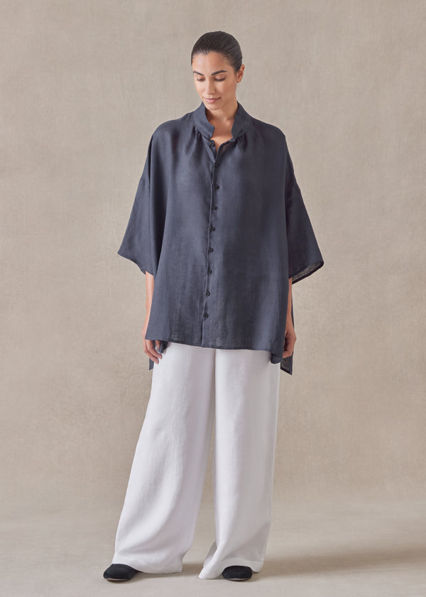 eskandar linen sloped shoulder wide a-line pleated collar short sleeve shirt - long