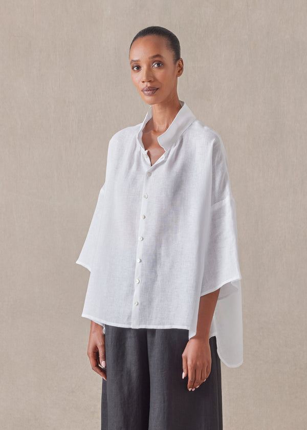 Eskandar Linen Sloped Shoulder Wide A-line Pleated Collar Short Sleeve Shirt - Mid