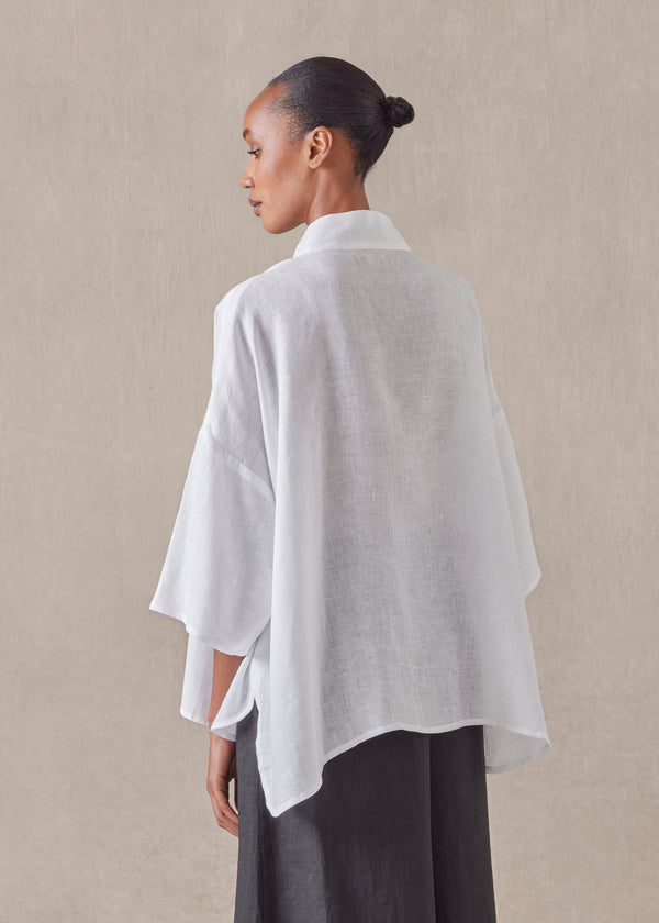 Eskandar Linen Sloped Shoulder Wide A-line Pleated Collar Short Sleeve Shirt - Mid