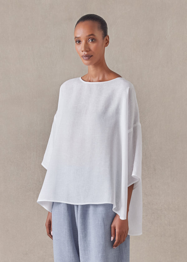 Eskandar Linen Sloped Shoulder Wide A-line Scoop Neck Top - Mid