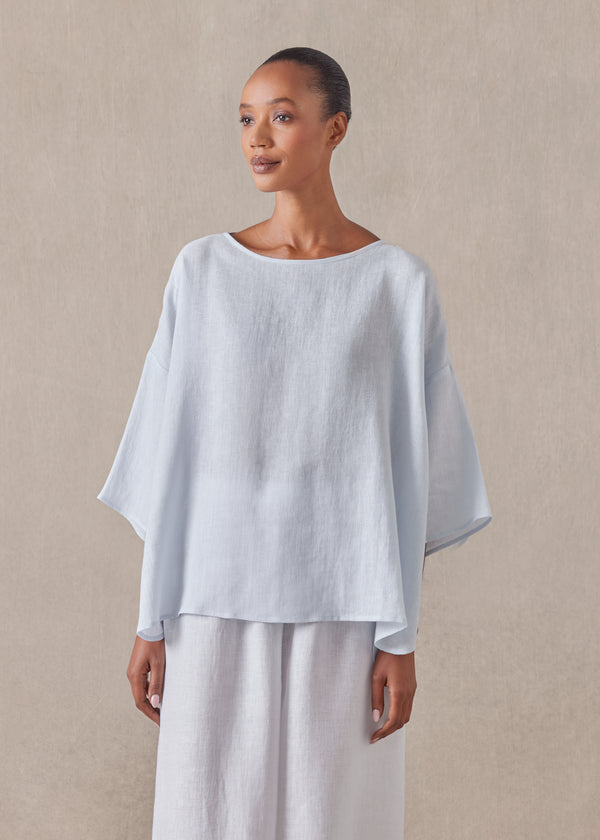 Eskandar Linen Sloped Shoulder Wide A-line Scoop Neck Top - Mid