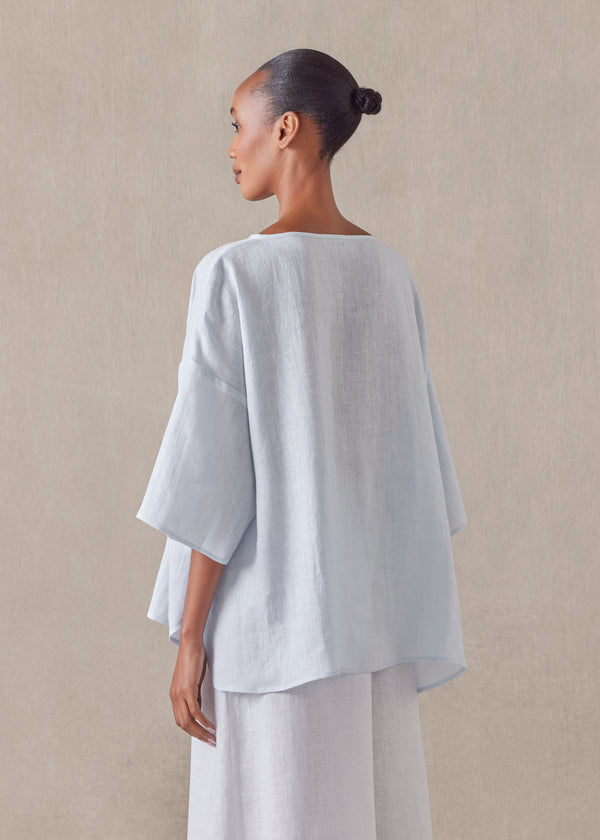 Eskandar Linen Sloped Shoulder Wide A-line Scoop Neck Top - Mid