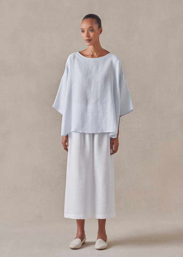 Eskandar Linen Sloped Shoulder Wide A-line Scoop Neck Top - Mid