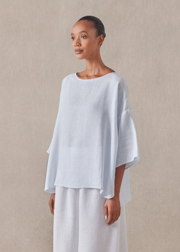 eskandar linen sloped shoulder wide a-line scoop neck top - mid