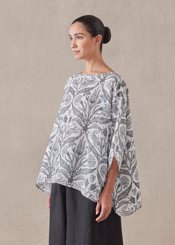 Eskandar Linen Sloped Shoulder Wide A-line Scoop Neck Top - Mid