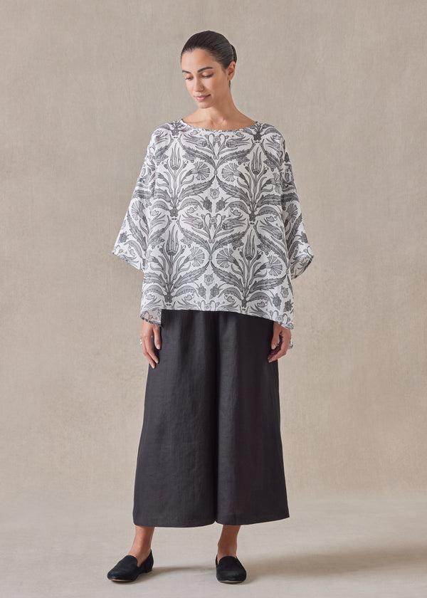 eskandar linen sloped shoulder wide a-line scoop neck top - mid