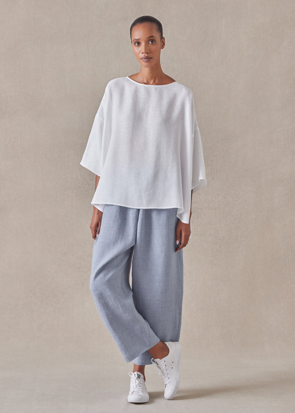 eskandar linen sloped shoulder wide a-line scoop neck top - mid