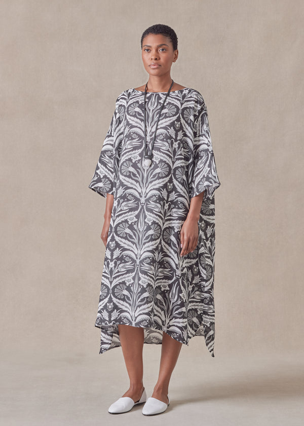 Eskandar Linen Sloped Shoulder Wide A-line Short Sleeve Scoop Neck Dress