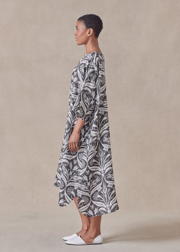 Eskandar Linen Sloped Shoulder Wide A-line Short Sleeve Scoop Neck Dress