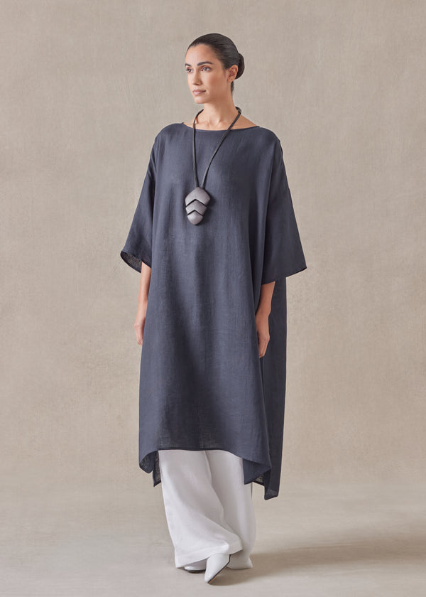 Eskandar Linen Sloped Shoulder Wide A-line Short Sleeve Scoop Neck Dress