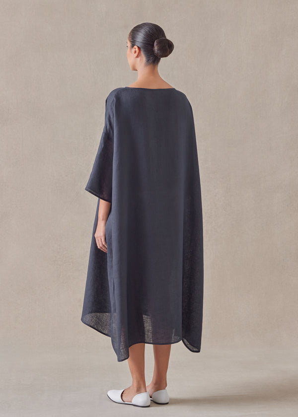 Eskandar Linen Sloped Shoulder Wide A-line Short Sleeve Scoop Neck Dress