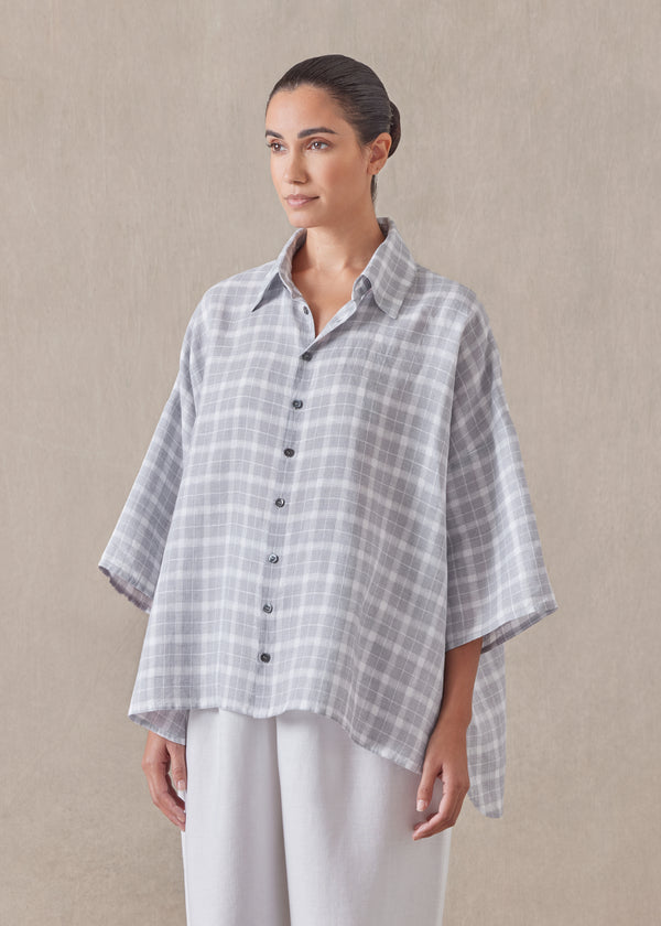 Eskandar Linen Sloped Shoulder Wide A-line Short Sleeve Shirt With Collar - Mid