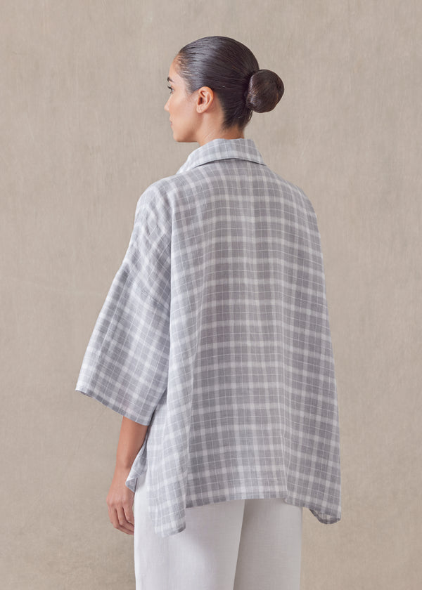 Eskandar Linen Sloped Shoulder Wide A-line Short Sleeve Shirt With Collar - Mid